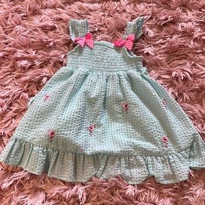 Rare Editions white & blue toddler sun dress with flamingo designs. Size 24m.